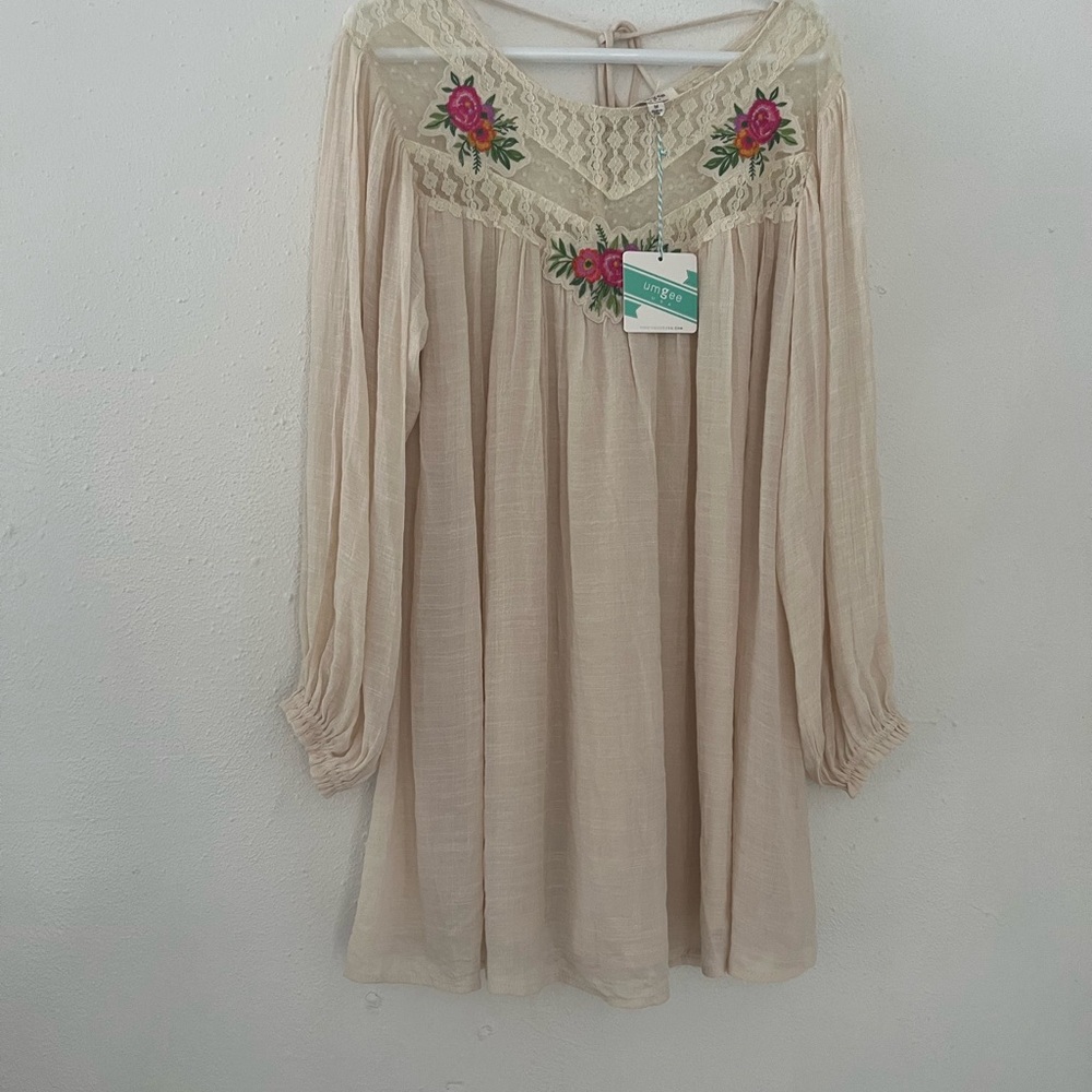 Umgee Cream Tunic Dress with Pink & Green Floral Embroidery
